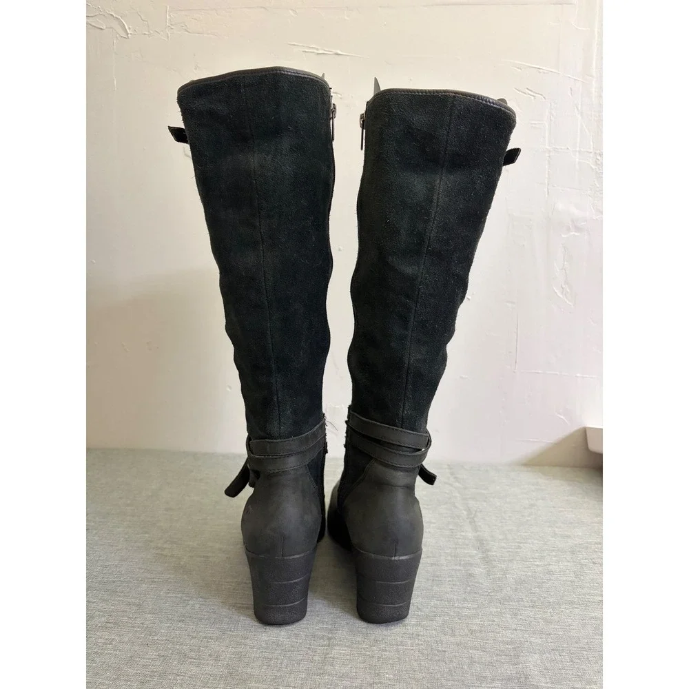 UGG Tall Boots Womens 8 Black Simmens Waterproof Suede Leather Wedge‎ Buckle